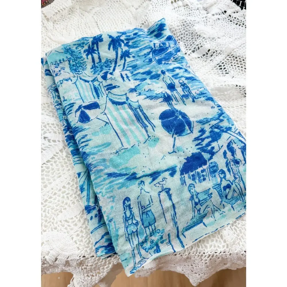 Lilly Pulitzer Silk & Cashmere Blue White Fresh Catch Print Scarf